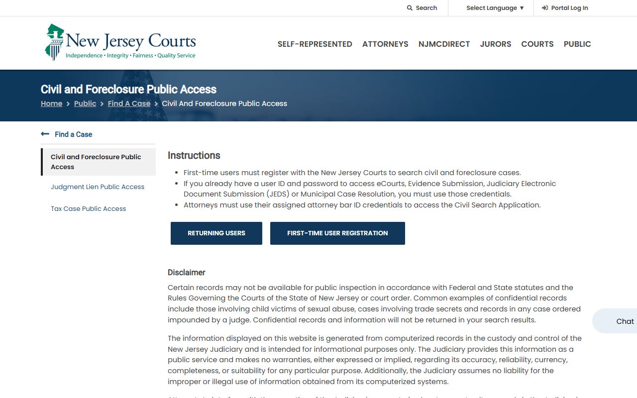 Passaic County civil and foreclosure court records public access page