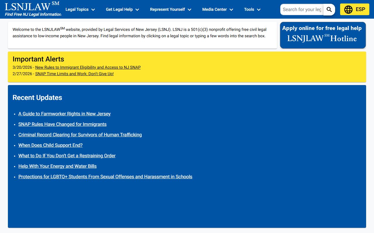 Legal Services of New Jersey site for Passaic County court help