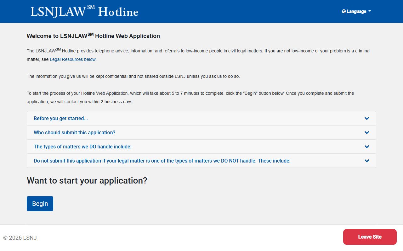 LSNJLAW Hotline page for Passaic County legal aid