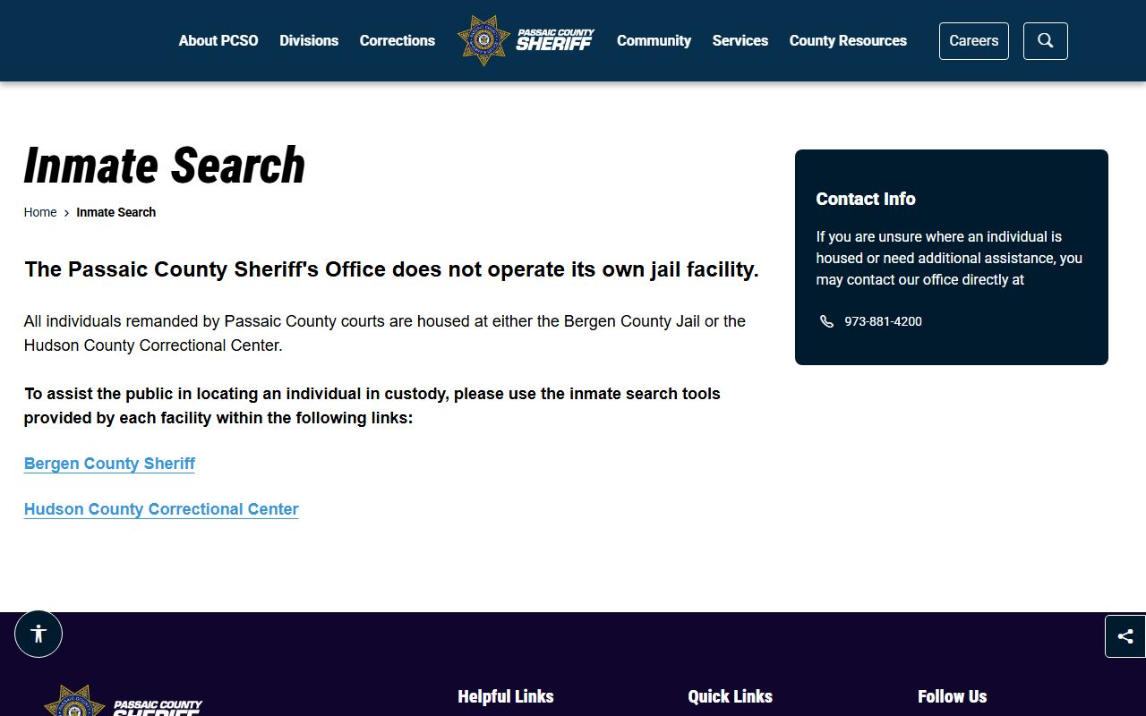 Passaic County Sheriff inmate search page for Passaic County inmate records