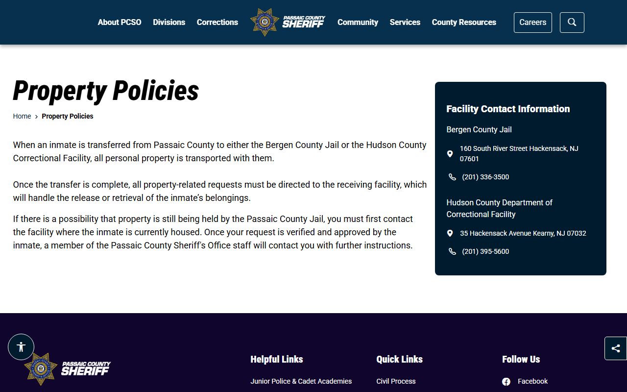 Passaic Sheriff inmate property policy for released Passaic County inmates